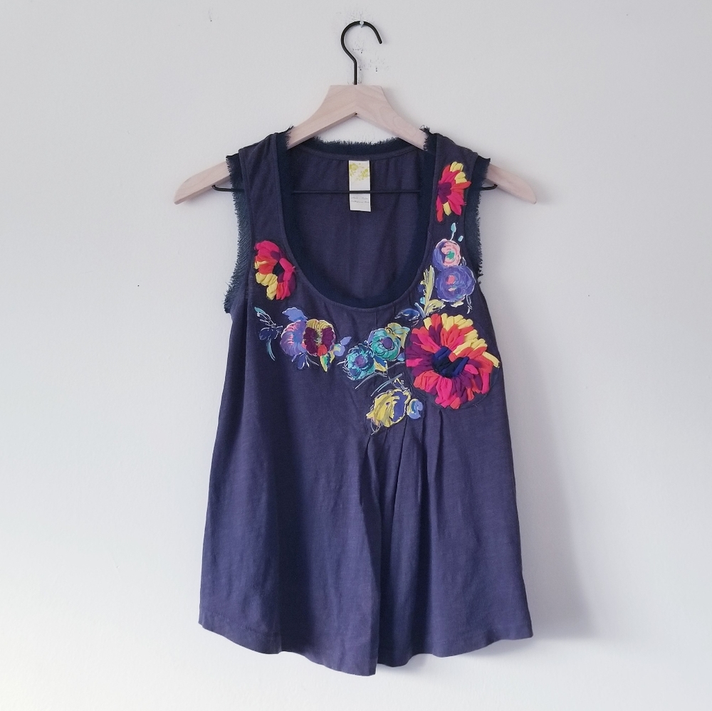 Anthropologie Floral Navy Tank